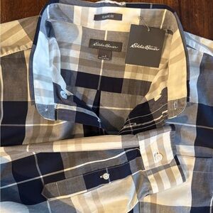 Eddie Bauer Men's Casual Plaid Shirt - Navy, Tan and White